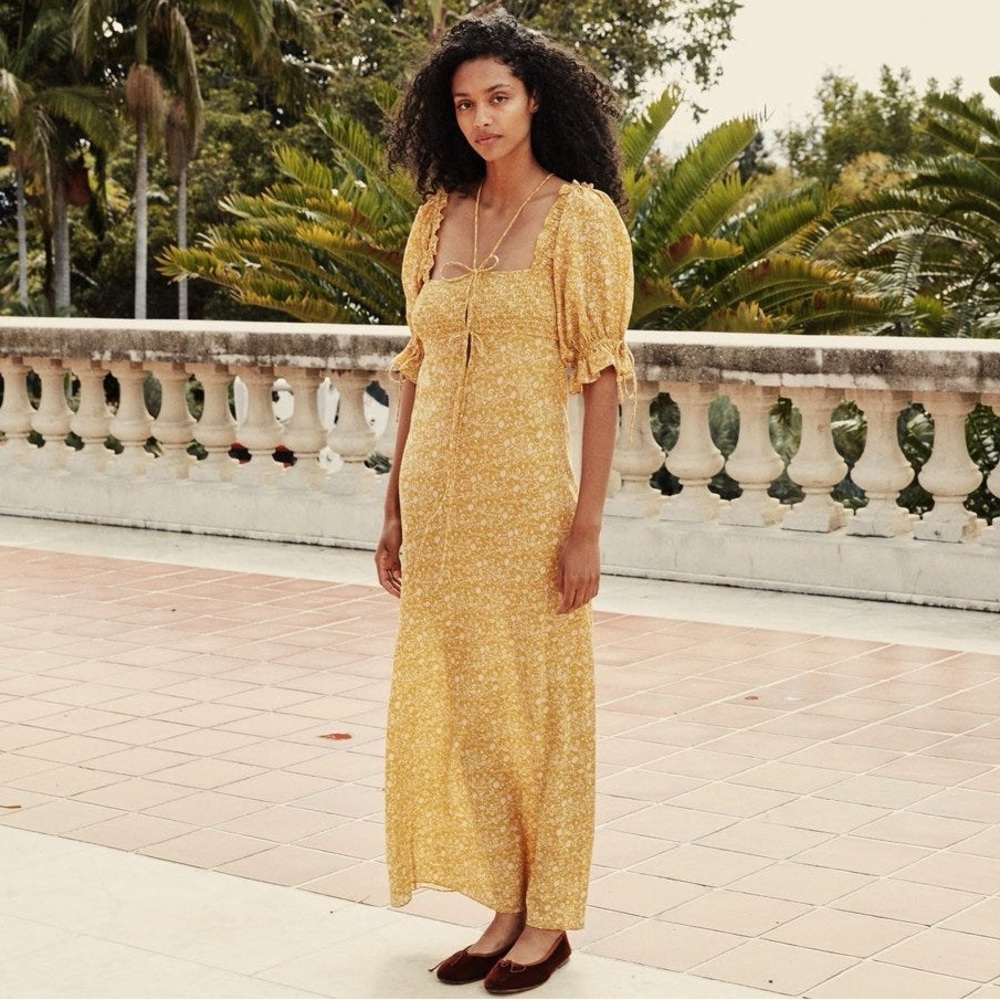 Doen vetiver golden yellow floral tie dress